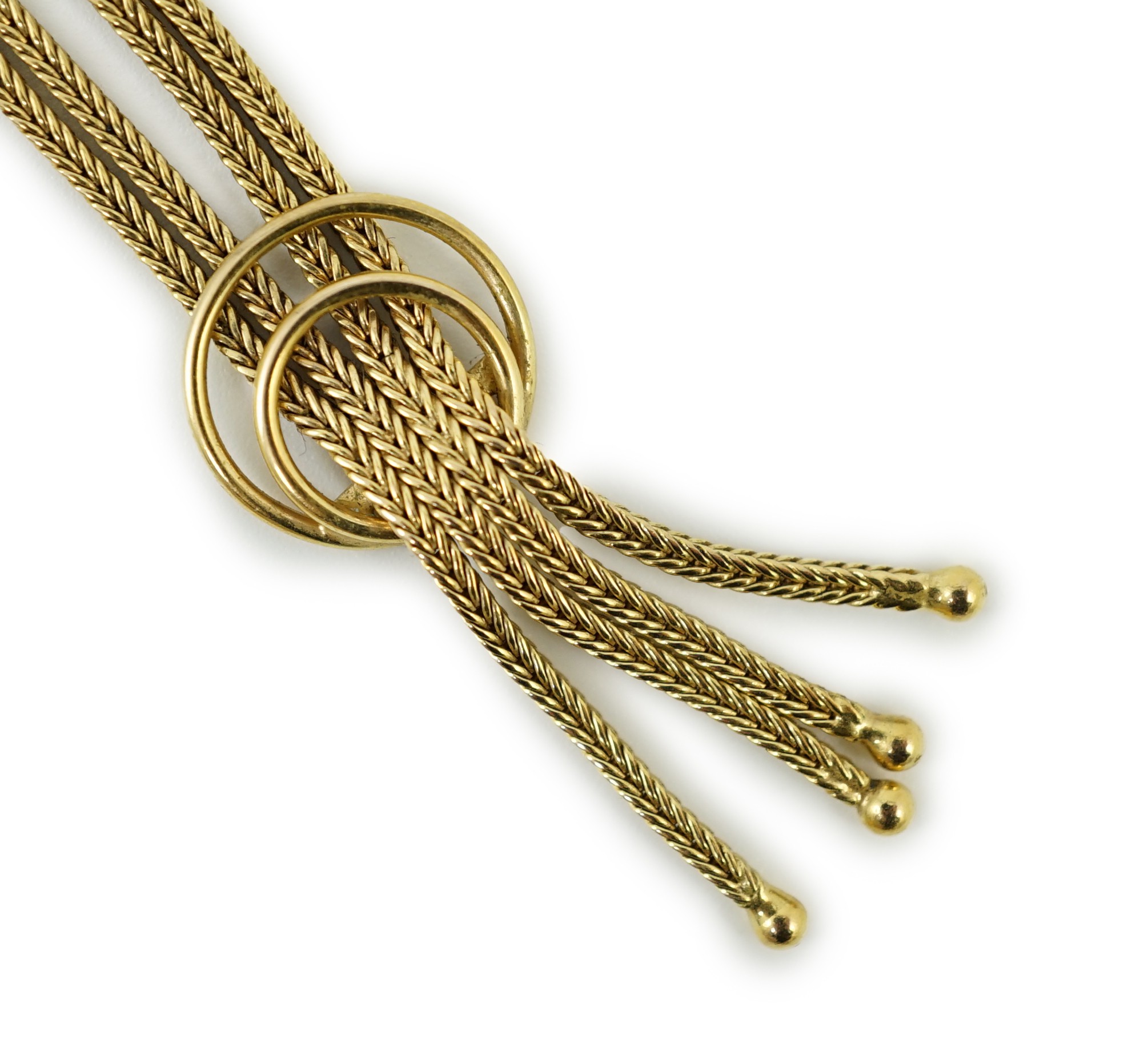 A modern 9ct gold quadruple strand tassel necklace, 56cm, 16.1 grams.